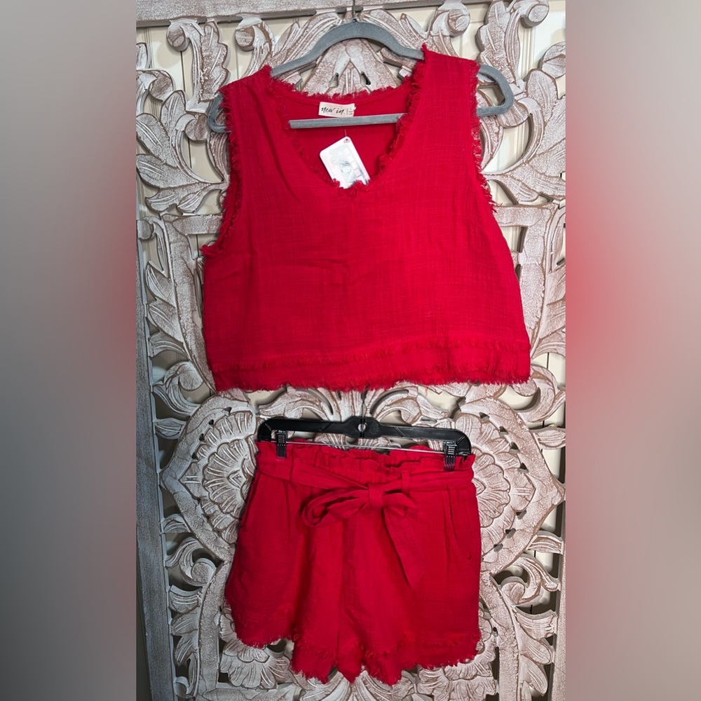 Just In 2 pc Sleeveless Red Distressed Crop and Paperbag Shorts